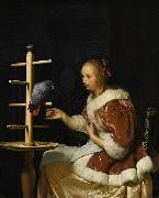 Frans van Mieris, A Young Woman in a Red Jacket Feeding a Parrot